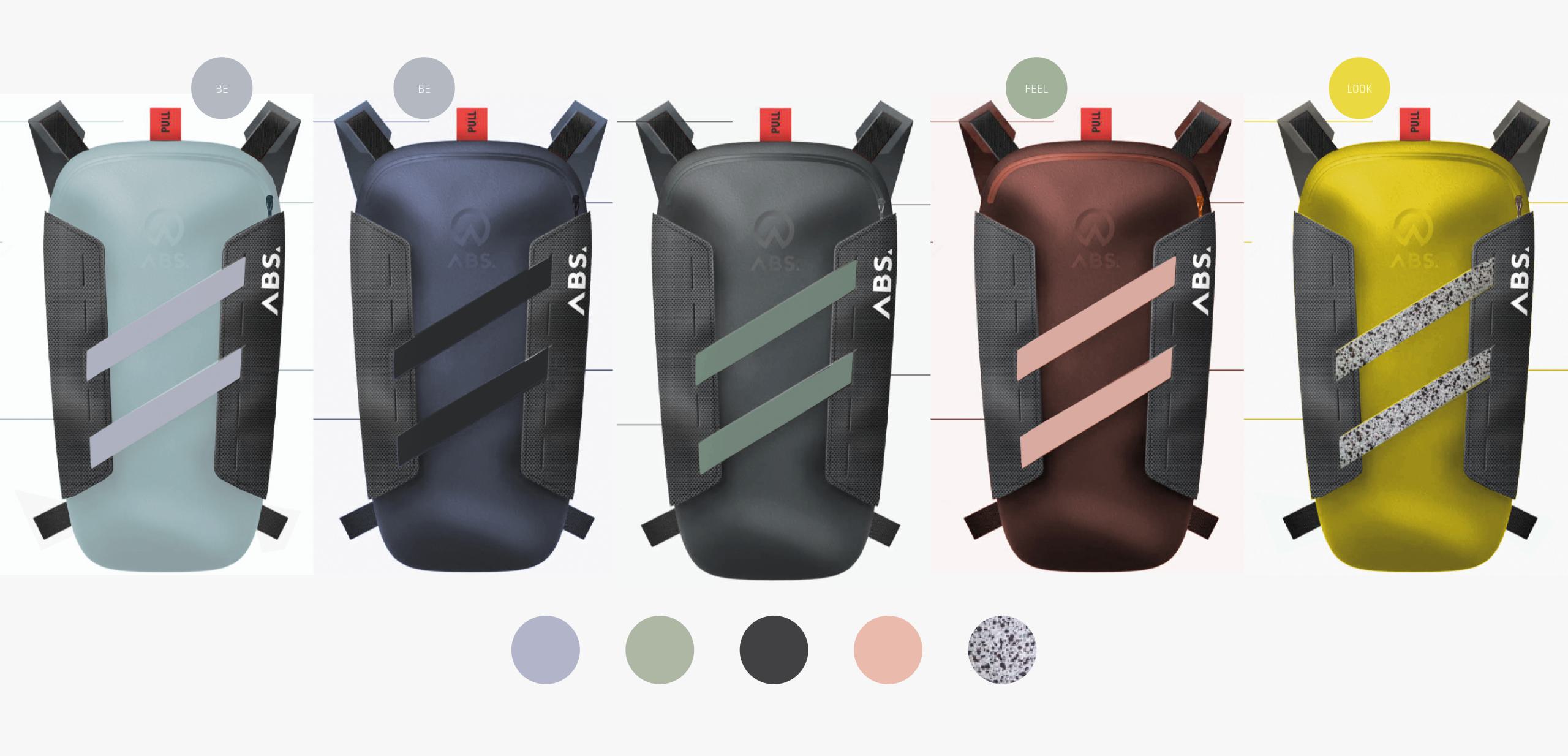 Funk farbige Rucks&auml;cke in den Trendfarben Hellblau, Dunkelblau, Schwarz, Weinrot udn Gelb mit farbigen B&auml;ndern.